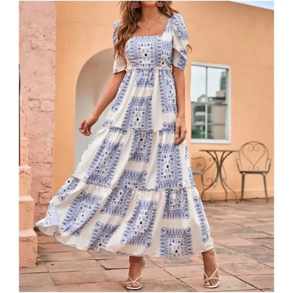 Boho Blue Puff Sleeve Maxi Dress Cottagecore - Picture 1 of 4